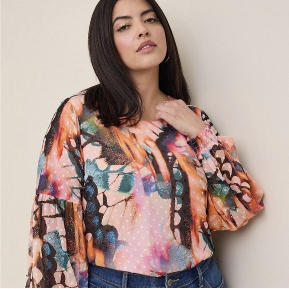 Torrid chiffon Clip Dot Boho Blouse Baloon Sleeves abstract butterfly print 2x - Picture 2 of 12